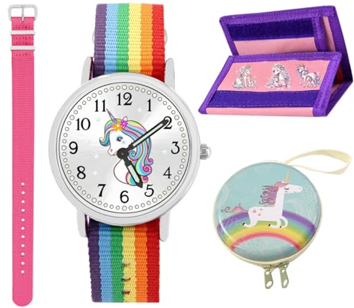 Brecjon großes 6tlg Geschenk Set Einhorn Armbanduhr Mädchen wasserdicht Geldbörse Kugelschreiber Motivdose Armband rosa 912 von Brecjon