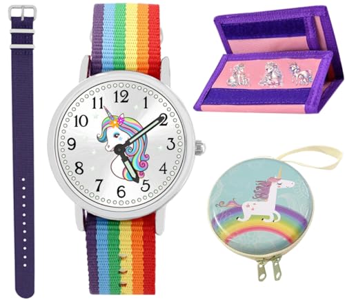 Brecjon großes 6tlg Geschenk Set Einhorn Armbanduhr Mädchen wasserdicht Geldbörse Kugelschreiber Motivdose Armband violett 913 von Brecjon