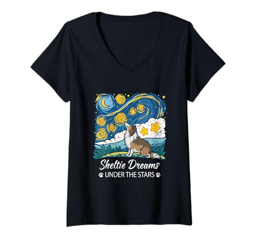 Damen Sheltie Dreams Under The Stars Shetland Sheepdog Lover T-Shirt mit V-Ausschnitt Damen Sheltie Dreams Under The Stars Shetland Sheepdog Lover T-Shirt mit V-Ausschnitt von Breed Pride Outfitters