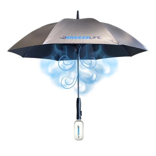 Breeze Life Sonnenschirm mit Ventilator und Nebel, wiederaufladbar UPF 50+ Sunblock Misting UV Regenschirm Perfekter UV-Sonnenschutz für Sport, Golf, Festivals und mehr Mister Breeze Gen2 (Silber) von Breeze Life