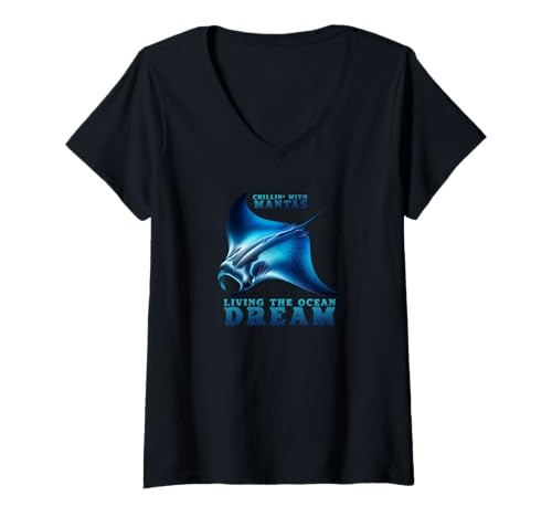 Damen Chillin' with Mantas – Ocean Life T-Shirt mit V-Ausschnitt von Breezy Design Art
