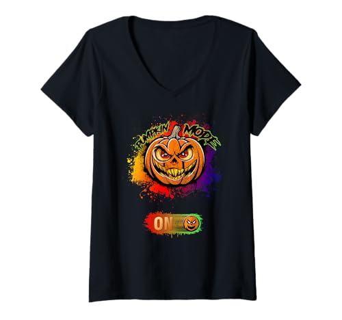Damen Pumpkin Mode: ON Halloween Kürbis funny gruselig geschenk T-Shirt mit V-Ausschnitt von Breezy Design Art
