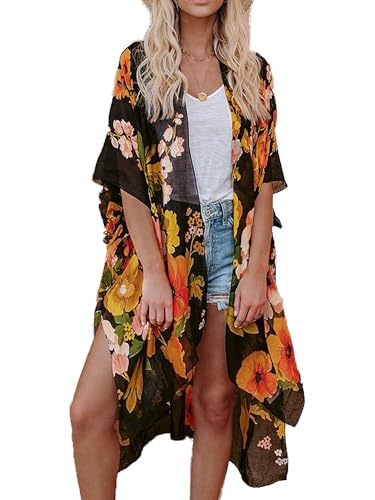 Breezy Lane Damen Kimono Bikini Cover Up Strickjacke Sommer Blumenmuster Strandkleid Lässige Badebekleidung Cardigan für den Urlaub von Breezy Lane
