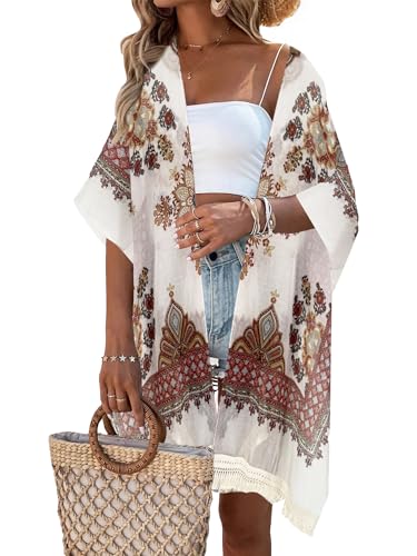 Breezy Lane Damen Kimono Bikini Cover Up Strickjacke Sommer Blumenmuster Strandkleid Lässige Badebekleidung Cardigan für den Urlaub von Breezy Lane