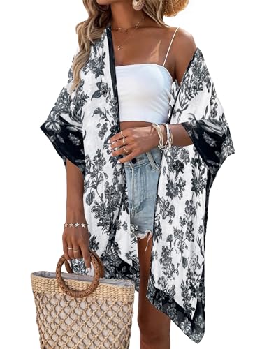 Breezy Lane Damen Kimono Bikini Cover Up Strickjacke Sommer Blumenmuster Strandkleid Lässige Badebekleidung Cardigan für den Urlaub von Breezy Lane