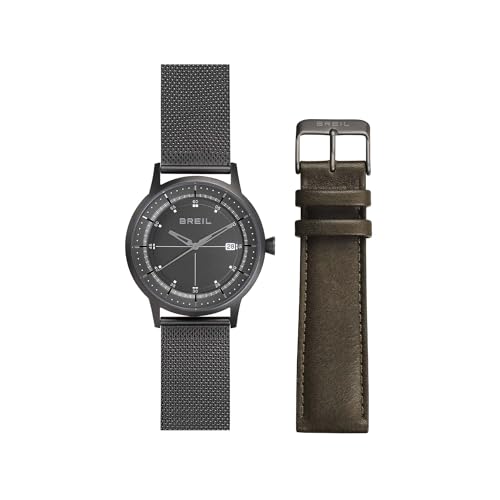 Breil SIX.3.Nine Pack Herren Armbanduhr mit Armband aus Stahl, Mesh-Optik in der Farbe: Gun, inkl. Ersatzband in Leder Khaki, Gehäusedurchmesser: 44 mm, TW1911 von Breil