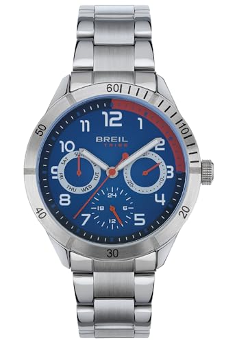 Breil Mate Herren Multifunktionsuhr mit Armband aus Stahl, in der Farbe: Silber/Blau mit roten Details auf Ziffernblatt, Gehäusedurchmesser: 37 mm, EW0618 von Breil