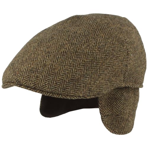 Breiter Herren Winter Schiebermütze, Flatcap, Schirmmütze, Wolle, ausklappbarer Ohrenschutz, Hautfreundlich, Dunkelgrün-Fischgrät L von Breiter