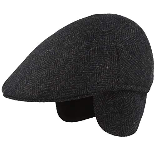 Breiter Herren Winter Schiebermütze, Flatcap, Schirmmütze, Wolle, ausklappbarer Ohrenschutz, Hautfreundlich, Marine-Fischgrät, L von Breiter