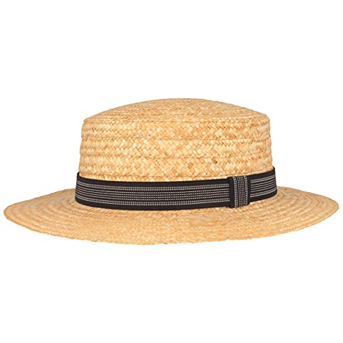 Breiter Kreissäge Strohhut Sommerhut Sonnenhut aus 100% Stroh mit schwarzem Ripsban Gondoliere-Hut Made in Italy 6 cm Krempe - Beige, Blau gestreift, L 58-59 von Breiter