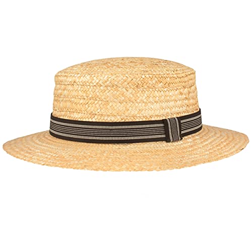 Breiter Kreissäge Strohhut Sommerhut Sonnenhut aus 100% Stroh mit schwarzem Ripsban Gondoliere-Hut Made in Italy 6 cm Krempe - Beige, Schwarz gestreift, S 54-55 von Breiter