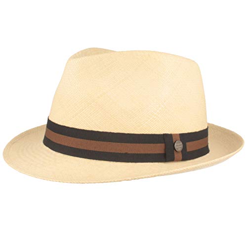 Breiter ORIGINAL Panama-Hut | Stroh-Hut | Sommer-Hut aus Ecuador – Schmaler Trilby - Handgeflochten, UV-Schutz, Bruchschutz - Natur (blau-braunes BD), L von Breiter