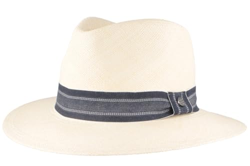 Breiter ORIGINAL Panamahut Strohhut aus Ecuador Handgeflochten Hut UV-Schutz Bruchschutz Sonnenhut Weiß Band Jeans XL 61-62 von Breiter