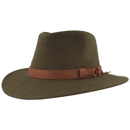 Breiter Rollbarer Outdoor Filzhut Trekkinghut 100% Wolle Hut Wasserabweisend Faltbar Ledergarnitur Herren und Damen Oliv - Fransen 55 von Breiter