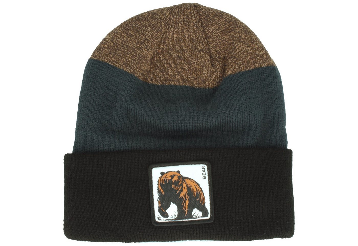 Breiter Strickmütze Gestreifte Umschlag-Mütze mit coolen Bären-Patch von Breiter