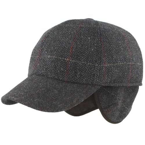 Breiter Winter Baseballcap Schirmmütze Baseball Kappe ausklappbarem Ohrenschutz Basecap aus Wolle - Blau Fischgrät Karo 59 von Breiter