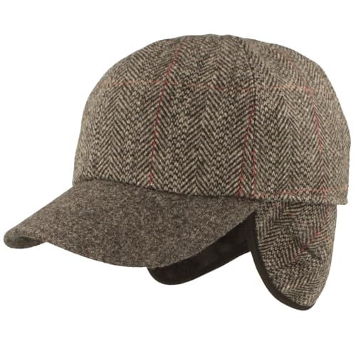 Breiter Winter Baseballcap Schirmmütze Baseball Kappe ausklappbarem Ohrenschutz Basecap aus Wolle - Grau Fischgrät Karo 61 von Breiter