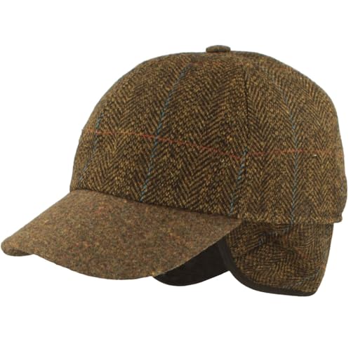 Breiter Winter Baseballcap Schirmmütze Baseball Kappe ausklappbarem Ohrenschutz Basecap aus Wolle - Oliv Fischgrät Karo 59 von Breiter