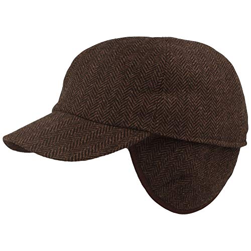 Herren Winter Baseball-Cap | Schirmmütze | Baseball-Kappe mit ausklappbarem Ohrenschutz – aus Wolle im Fischgrat Design & Steppfutter (56, Braun) von Breiter