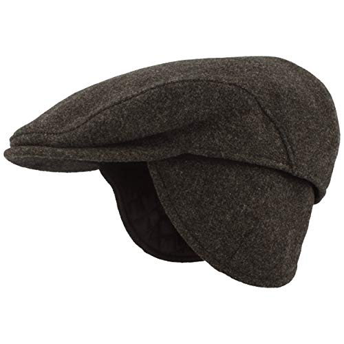 Herren Winter Schiebermütze mit Ohrenklappen Flatcap Schirmmütze 100% Wolle, ausklappbarer Ohrenschutz, Hautfreundlich, Bequem 65, Braun Uni von Breiter