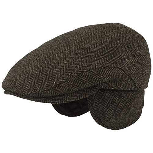 Herren Winter Schiebermütze mit Ohrenklappen | Flatcap | Schirmmütze – aus 100% Wolle im Fischgrat Design – mit ausklappbarem Ohrenschutz - Hautfreundlich & Bequem, 61, Grau von Breiter