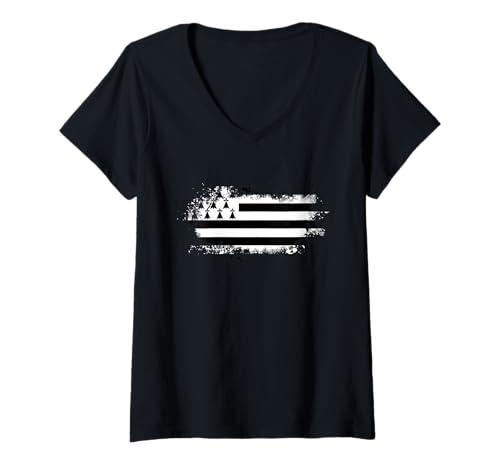 Damen Bretonische Flagge Gwenn Ha des Used T-Shirt mit V-Ausschnitt von Breizh Ya