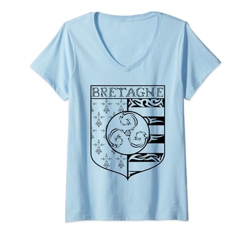 Damen Souvenir De Bretagne Wappen Gwenn Ha Du Tribal Triskele T-Shirt mit V-Ausschnitt von Breizh Ya