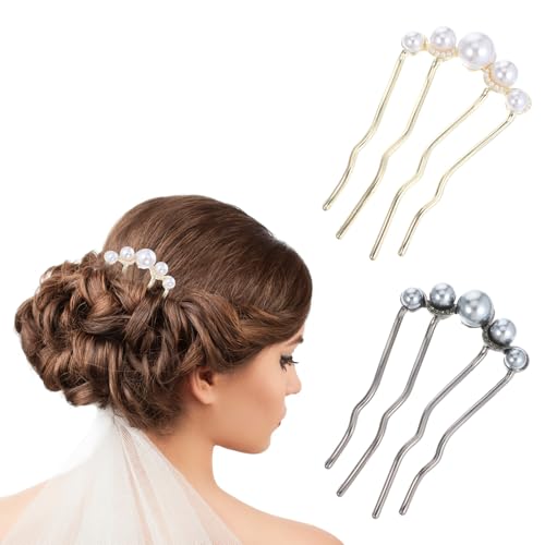 2 Stück Haarkämme Zum Stecken Steckkamm Haare French Hair Comb Steckkamm mit Perlen Seitlicher Haarkamm French Pin U Form Haarnadeln für Frauen Mädchen Braut Haarschmuck von Bremorou