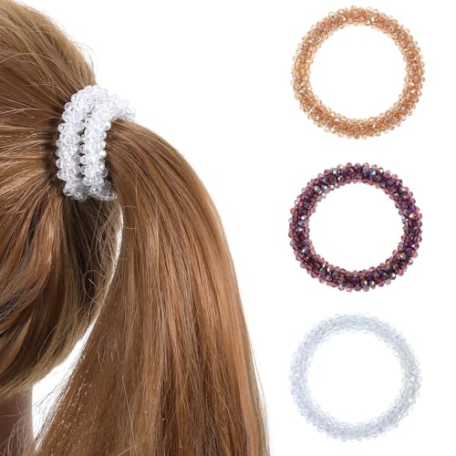 3 x Strass-Haargummi, Glitzer-Haargummis für Frauen, Glasperlen-Kristallwickel, glitzernde Pferdeschwanz-Halter, Perlenhaarbänder, Perlenhaare für Damen und Mädchen von Bremorou