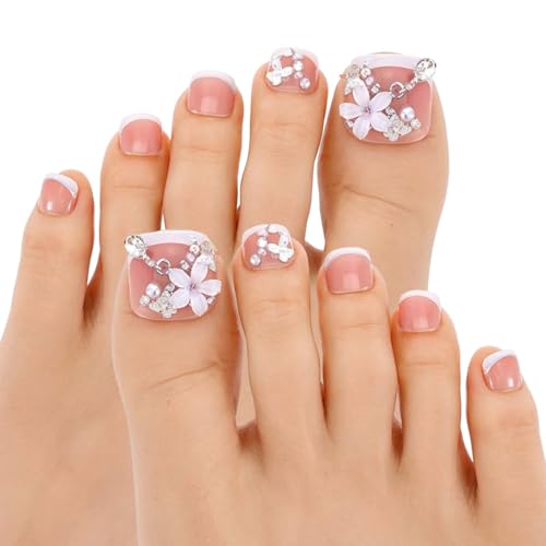 24 Stück Fußnägel Zum Aufkleben Falsche Kit Künstliche Rosa French Tip Zehennägel Künstlich Tips Acryl Zehennäge Full Cover Zehen Nagelspitzen Fake Nailstips Vollständige Abdeckung Set für Frauen von Bremorou