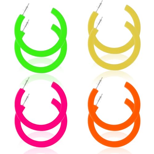 4 Paar Ohrringe Bunt Neon Party 80er Jahre Accessoires Bunte Ohrringe Damen Neon Ohrringe Acryl Ohrringe Bunte Anhänger Trendige Ohrringe C-Form Mode Dicke Hoop Earrings Für Damen Party Kostümzubehör von Bremorou