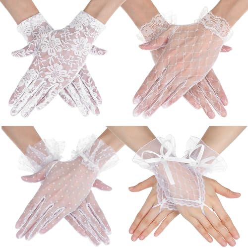 4 Paar Spitzen Handschuhe Handschuh Kurze Braut Teeparty Blumenhandschuhe Elegante Spitze Spitzenhandschuhe Sommer Hochzeits Oper Dinner Damen für Halloween Hochzeitsfeier Opernball Sonnenschutz Uv von Bremorou