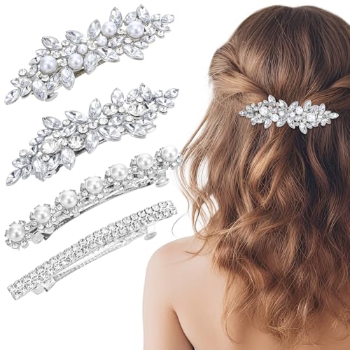 4 Stück Haarspange Silber Haarspangen Hochzeit Braut Haarschmuck Französische Glitzer Glänzende Strass Mit Funkelnden Kristallsteinen für Frauen Mädchen Hochzeiten Kopfstücke Schmuck von Bremorou