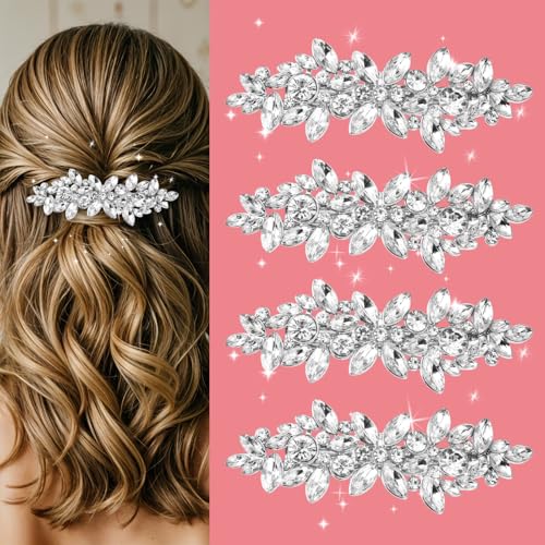 4 Stück Haarschmuck Silber Hochzeit Brautschmuck Haare Glitzer Glänzende Haarspangen Vintage Mit Kristallblumen für Frauen Bridal Brautjungfer Verlobung Verabredung Zusammenkunft von Bremorou