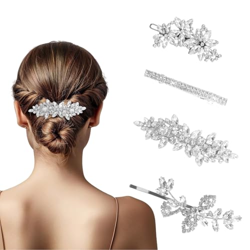 4 Stück Bridal Hair Clip Braut Strass Haarspange Silber Hochzeit Haarschmuck Haarspangen Kopfstücke Elegante Rhinestones Hair Clips Glitzer Glänzende Mit für Hochzeiten Partys Abendpartys Frauen von Bremorou
