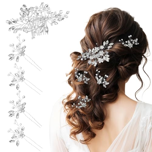 5 Stück Haarnadeln Damen Haarschmuck Hochzeits Silber Perlen Bride Wedding Hair Pins U Förmig Haarklammer Kristall Kopfstück Brautschmuck Blume Clips für Bräute Brautjungfern von Bremorou