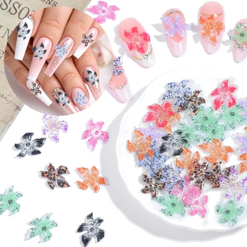 50 Pcs 3d Blumen Nägel Nail Charms Bunt Gelee Weich Kleber Lilie Flower Blume Nagel Hibiscus Zubehör Nageldesign Eis Kristall Geprägt Farbverlauf Lilien für Mädchen Frauen Diy Basteldekoration von Bremorou
