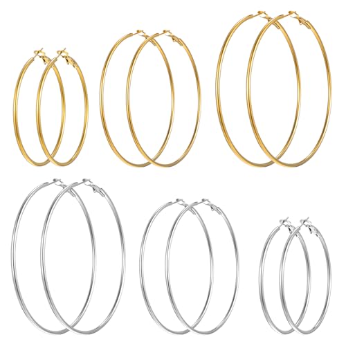 6 Paar Ohrringe Creolen Silber aus Edelstahl Leichte Ohrringe Dünne Große Silber Silbercreolen Hoop Earrings Hypoallergene Creolen Ohrring-sets für Frauen 50/60/70 mm Goldene von Bremorou