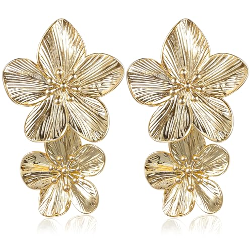Lange Ohrringe Gold Hängend Blumen Doppelte Rosegold Doppelschichtige Blume Baumeln Schmuck Ohrhänger Florale Baumelnde Floral Schicke Wildblumenohrringe für Frauen Mädchen Hochzeit Party von Bremorou