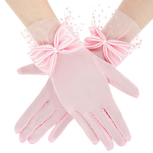 1 Paar Handschuhe Hochzeit Damen Spitzen Netzhandschuhe Elegant Brauthandschuhe Kurze Lace Gloves Spitzen Handschuhe Schleife spitzenhandschuhe schwarz für Party Kostüm Sonnenschutz Zubehör Rosa von Bremorou