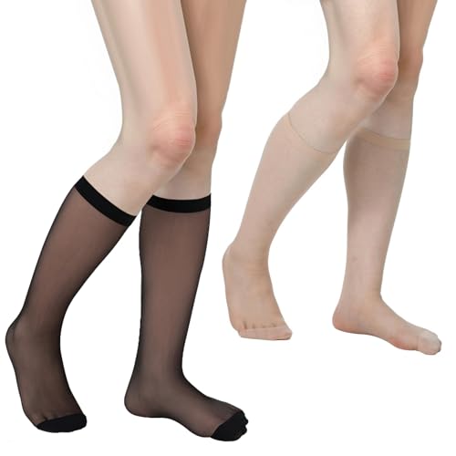 Bremorou 4 Paar Kniestrümpfe Damen Rutschfeste Sohle Transparente Nylon Strümpfe Transparent Feinkniestrümpfe Hautfarbene Seidenfein Fein Mit Massage Weicher Komfortbund Schwarz Hautfarben von Bremorou