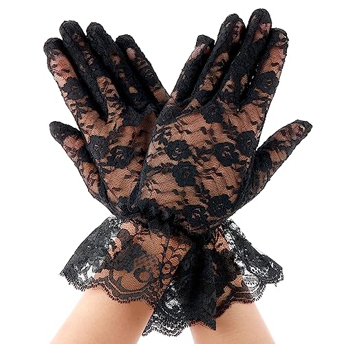 Damen Sommer Elegant Schwarz Kurze Spitzenhandschuhe Schwarze Spitzenhandschuhe Blumenspitzen Handschuhe Kurze Lace Gloves Sonnenschutz Für Handschuhe Hochzeit Party Und Teeparty Dinner Halloween von Bremorou