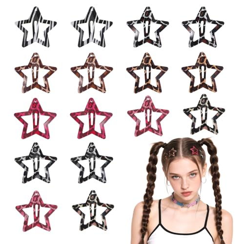 Y2K-Haarspangen, Stern- und Wassertropfen-Haarspangen, rutschfeste Leopardstern-Clips für dünne, dicke Haare, niedlicher Metall-Schnappclip für Damen, 16 Stück von Bremorou
