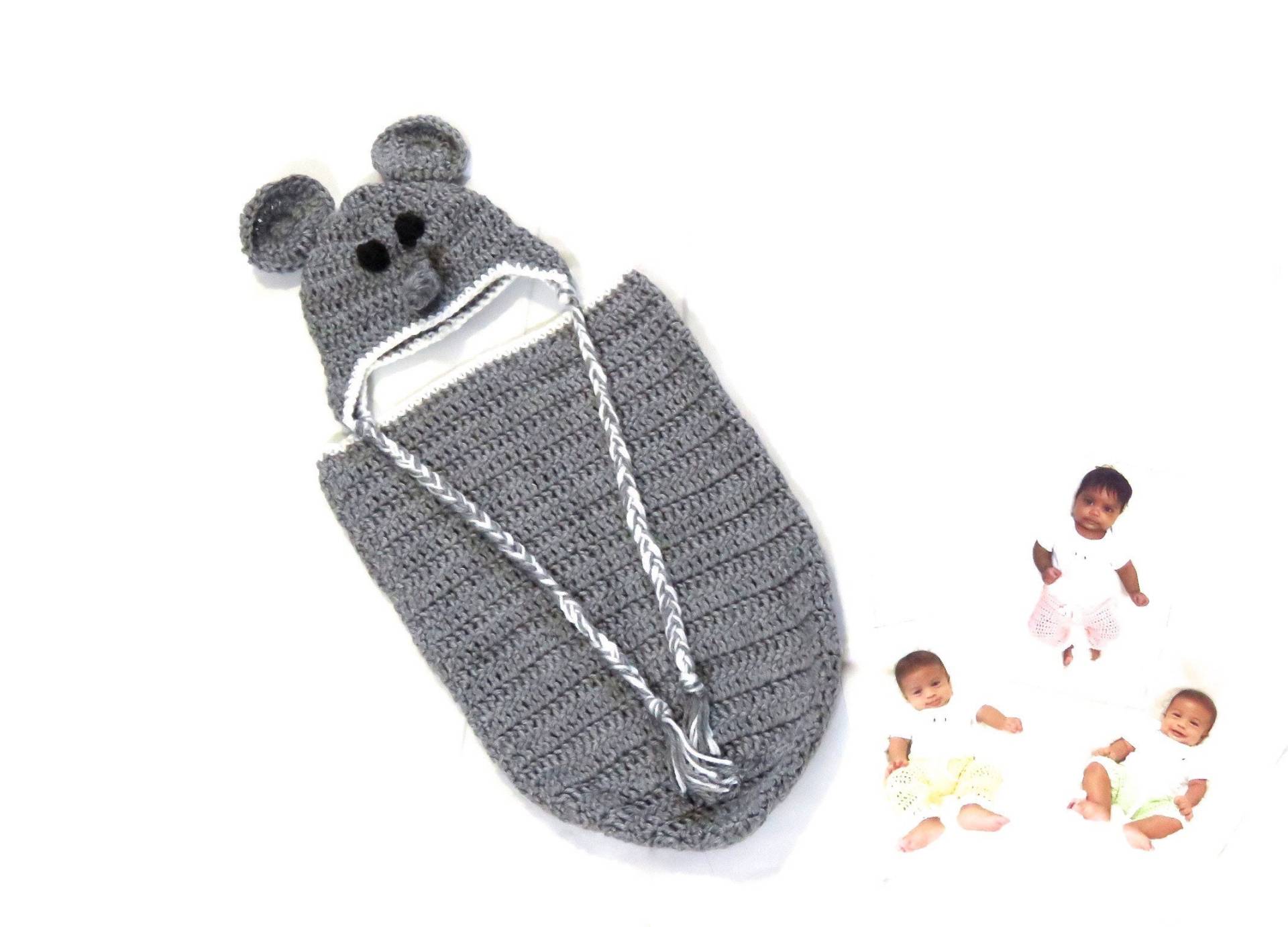 Häkeln Sie Baby Cocoon, Hut-Set, Neugeborene, Elefant, Grau, Weiß, Ohrklappe Hut, Baby-Dusche von BrendaLizBoutique