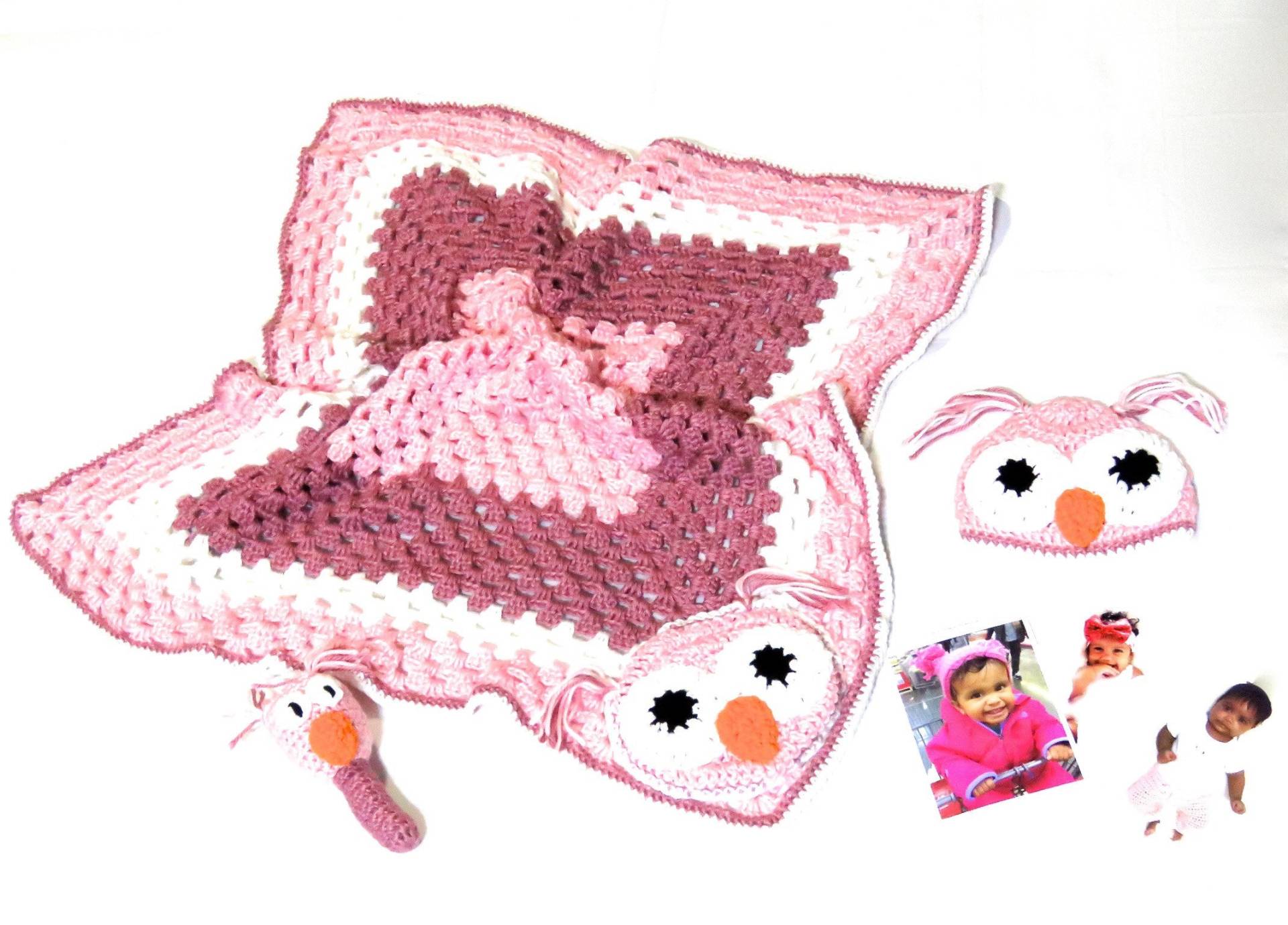 Häkeln Sie Babydecke, Baby-Mädchen-Decke-Set, Häkeln Hut Set, Neugeborenes, Baby Eule, Rosa, Weiß, Mädchen-Baby-Dusche-Geschenk von BrendaLizBoutique