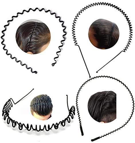 BrenzaFab 4 Stück schwarze, flexible Metall-Haarreifen, gewellt, Feder, Zickzack-Kette und einfaches Haarband, für den täglichen Gebrauch, Unisex, Herren und Damen von BrenzaFab
