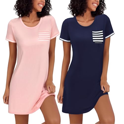 Bresdk 2er Nachthemd Damen Kurzarm V-Ausschnitt Baumwolle Schlafshirt Sommer gestreift Sleepshirt Kurz Frauen Nachthemden von Bresdk
