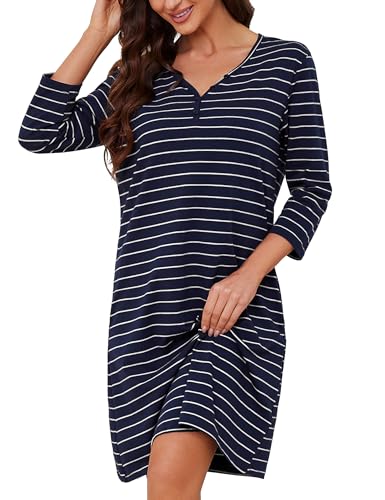 Bresdk 3/4 Ärmel Nachthemd Damen Baumwolle Sleepshirt Knöpfe Winter Nachtwäsche mit Taschen Blau S von Bresdk