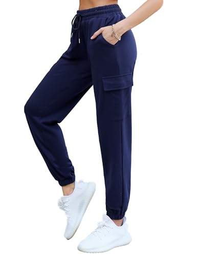 Bresdk Freizeithose Damen Lang Cargohosen Leichte Sommerhose Baggy Jogginghose Sweatpants Mit Cargotasche, M898 Blau, S von Bresdk