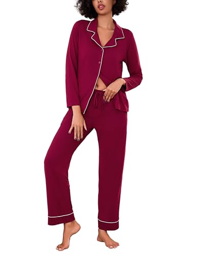 Bresdk Damen Schlafanzug Lang Pyjama Damen Baumwolle Winter Langarm Schlafanzüge Zweiteiliger Nachtwäsche Loungewear Rot XXL von Bresdk